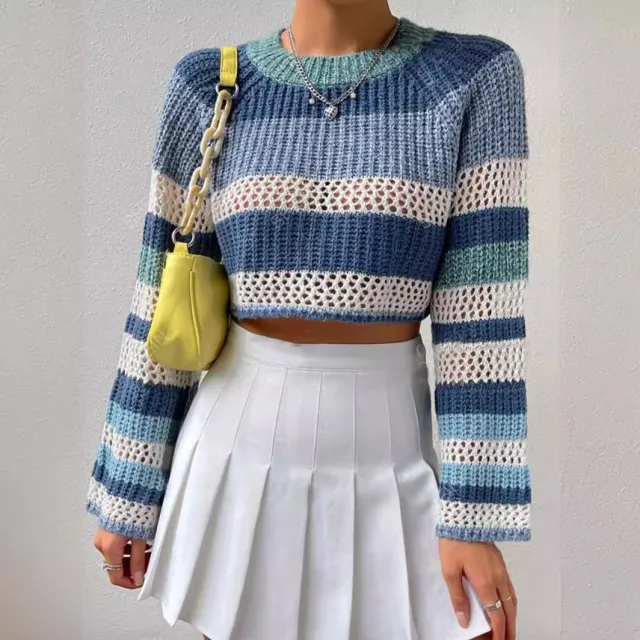 Contrast Color Striped Hollow Short Fashion Sweater Blue - Shop at LoveMi