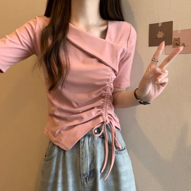 Women's Fashionable V neck Slim fit Irregular Pleating Top Pink - Shop at LoveMi