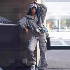 Art Retro Plaid Pocket Hooded Loose Temperament Two-piece Suit - Black And White Plaid - View 1