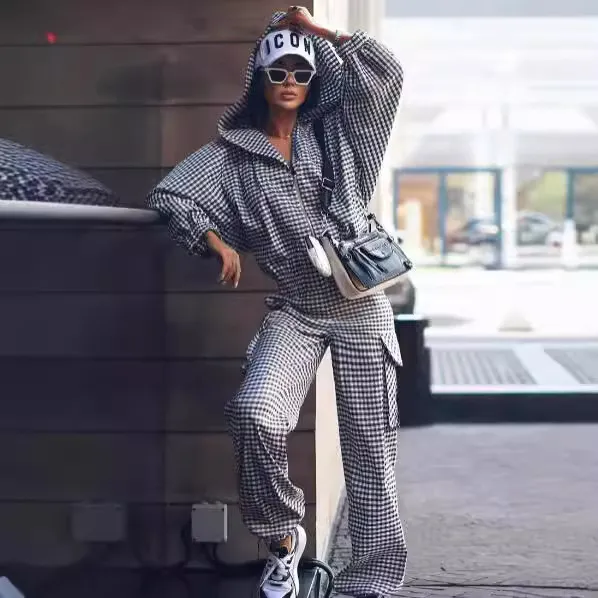 Art Retro Plaid Pocket Hooded Loose Temperament Two piece Suit Black And White Plaid - Shop at LoveMi