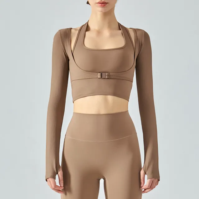 Halter Fake Two piece Slim Fit Yoga Long Sleeve Nude Feel Sports Top Women's Nude - Shop at LoveMi