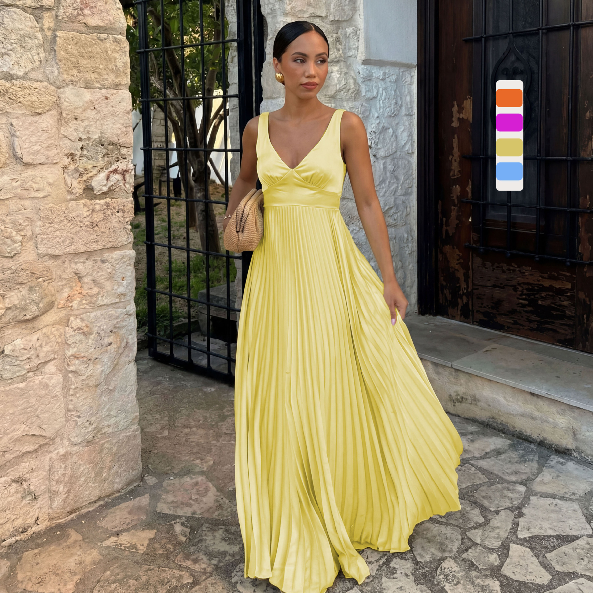 Fitted-waist Pleated Strap V-neck Solid-color Fashionable Dress