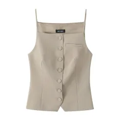 European, American And French Style Elegant Slim-fit Breasted Sling Top - Khaki - View 1