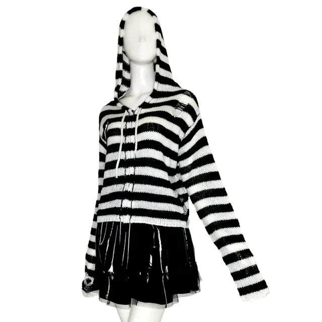 Women's Zipper Striped Top Sweater Coat White - Shop at LoveMi
