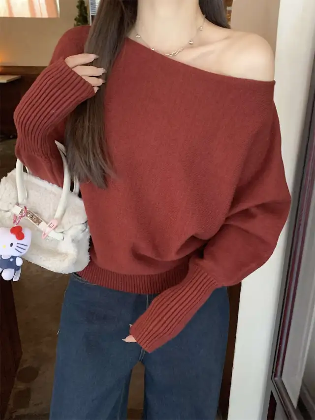 Lazy Off neck Sweater Bottoming Shirt Women Red - Shop at LoveMi