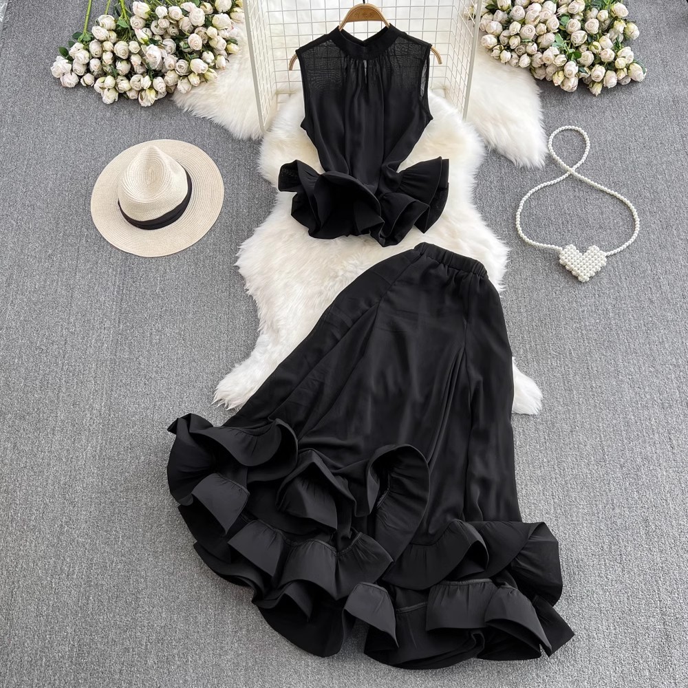 Stand Collar Ruffled Sleeveless Top High Waist Fishtail Skirt Suit