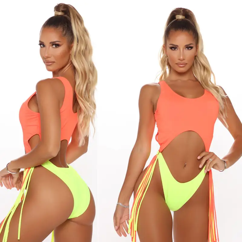 Gathered Waist Polyester Tassel Bikini