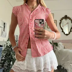 Red And White Short Sleeve Plaid Shirt Women - Red - View 1