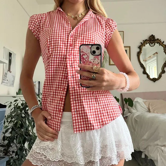 Red And White Short Sleeve Plaid Shirt Women Red - Shop at LoveMi