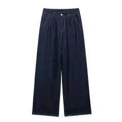 Casual Blue Belt Short Wide Design Denim Trench Coat - Pants - View 1
