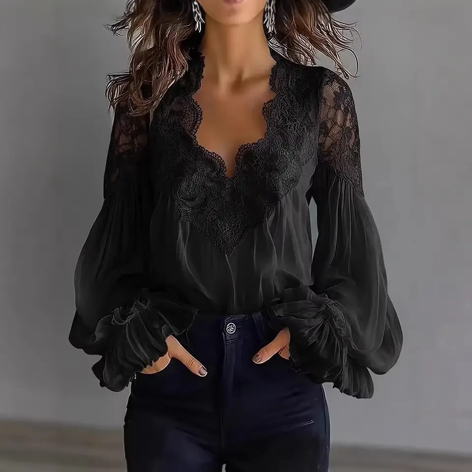 Lace-panelled Ruffled Puff-sleeve Pleated Shirt
