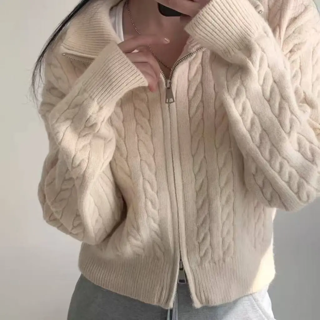 High-grade Lapel Double Zipper Twist Solid Color Sweater - Beige