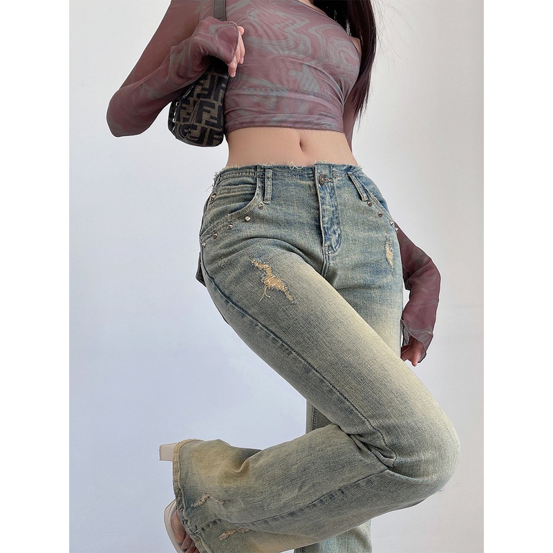 Women's American style Rivet Wear High Waist Flared Jeans Blue - Shop at LoveMi