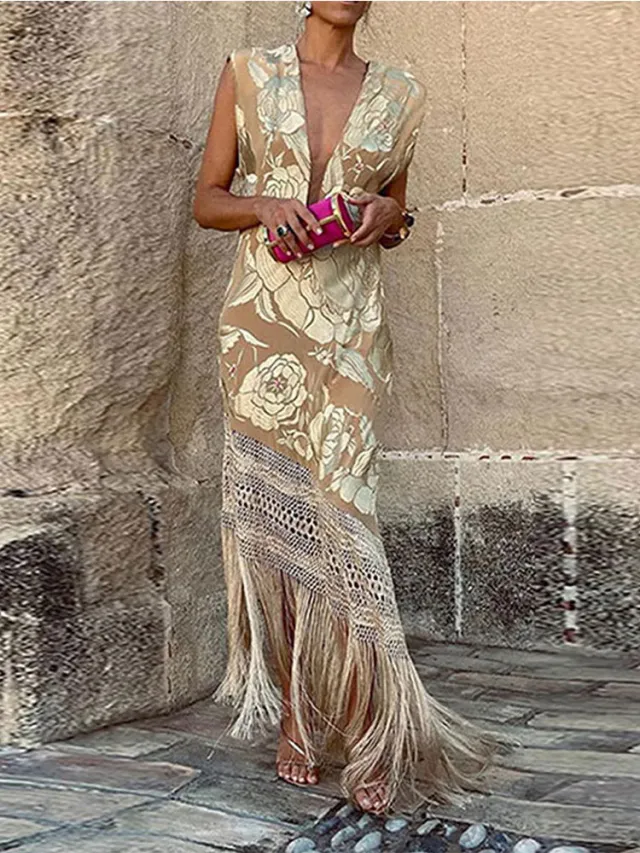 Fashion V neck Embroidery Flower Tassel Irregular Dress - Shop at LoveMi