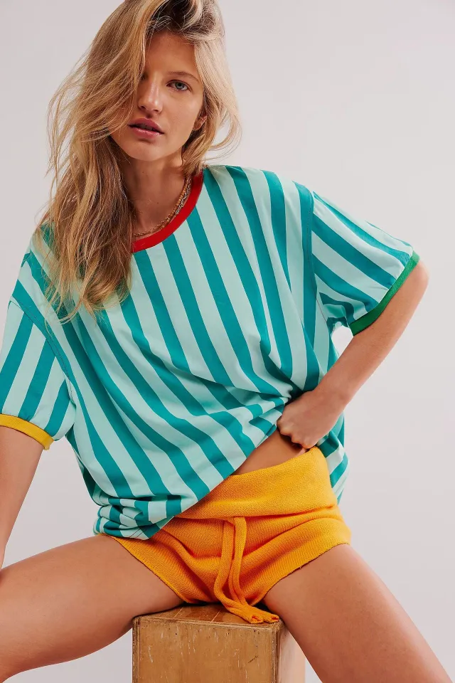 Women's Top Striped Contrast Color Casual Loose Short Sleeves T shirt Green - Shop at LoveMi