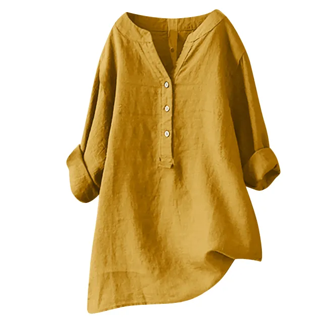 Loose Solid Color Cotton And Linen Top Shirt Yellow - Shop at LoveMi