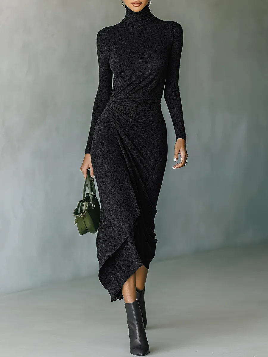 Womens High Neck Defined Waist Asymmetrical Wrap Dress - Black