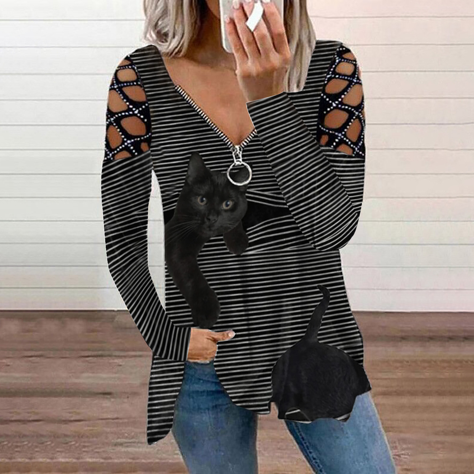 Women's V Neck Perm Drill Cutout Long Sleeve Loose T Shirt Top