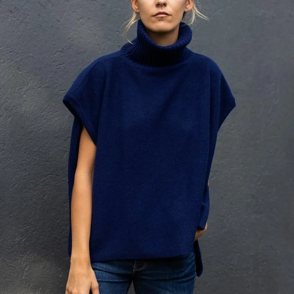 Women's Turtleneck Sleeveless Top Fashion Casual Sweater - Dark Blue
