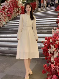 Long Sleeve French Style Temperament Dress - Apricot - View 1
