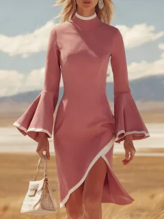 AutumnWinter Chic Casual Retro White Bell-Sleeve Midi Dress - Pink - View 1