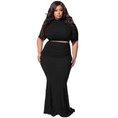 Midriff Outfit Plus Size Women's Two-piece Suit - Black - View 1
