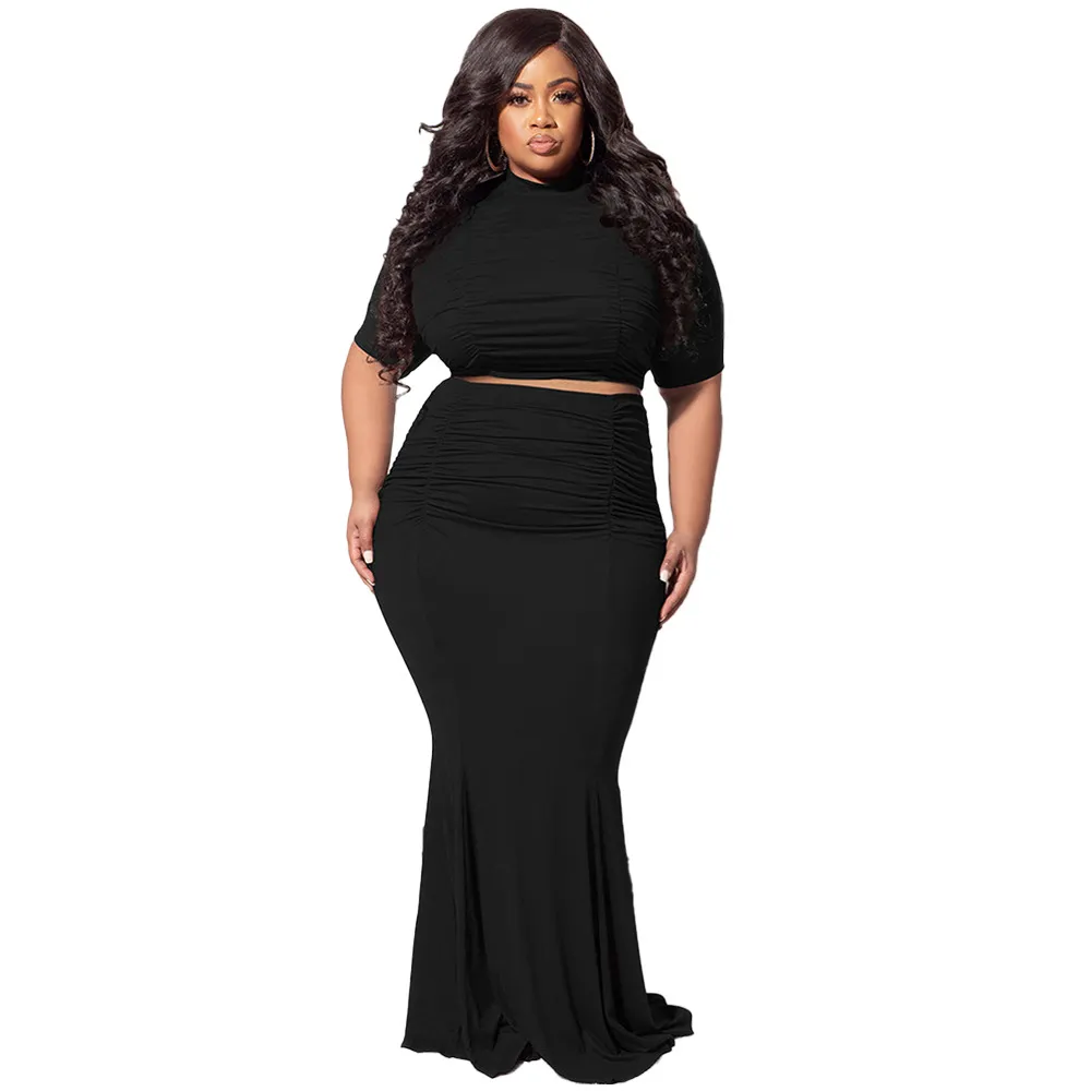 Midriff Outfit Plus Size Women's Two-piece Suit - Black