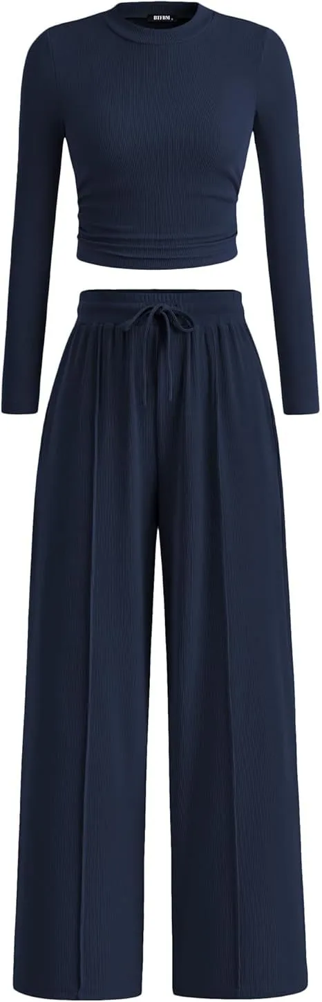 Women's Rib Fashion Navel Casual Suit Dark Blue - Shop at LoveMi