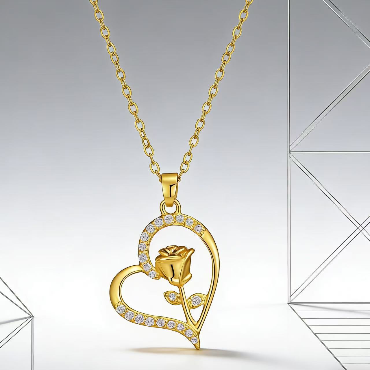 Heart Shaped Pendant Necklace For Women Diamond Encrusted Hollow Rose Clavicle Chain