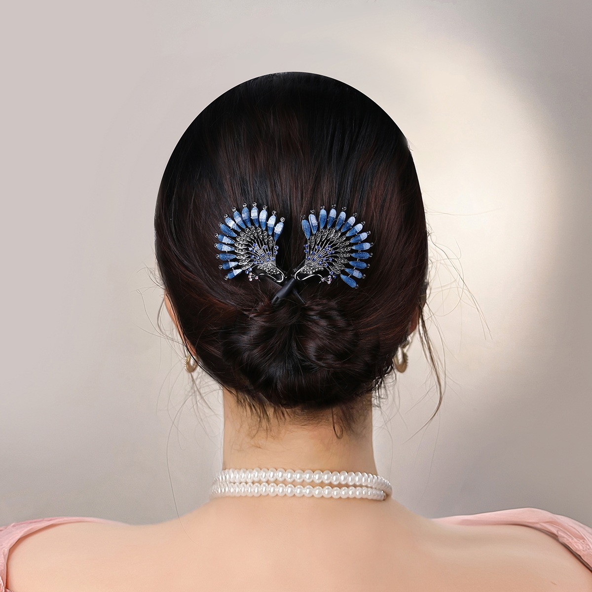 Retro Blue Peacock Style Diamond Studded Pearl Hair Clip Exquisitely Elegant For Curls And Twists — foto 7