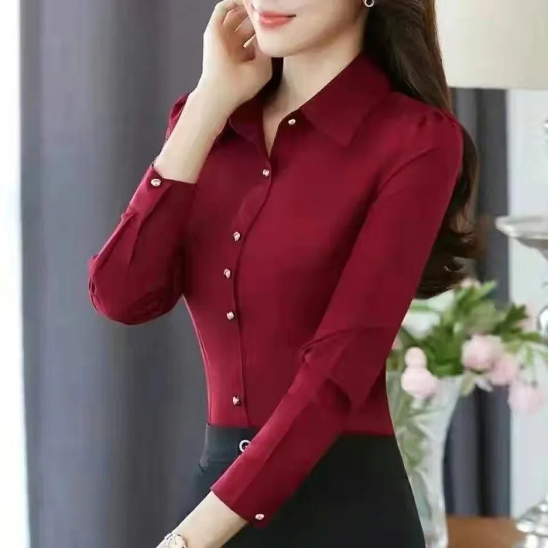 Three-quarter Sleeve Slimming Shirt Women's Long Sleeve Plus Size - Red