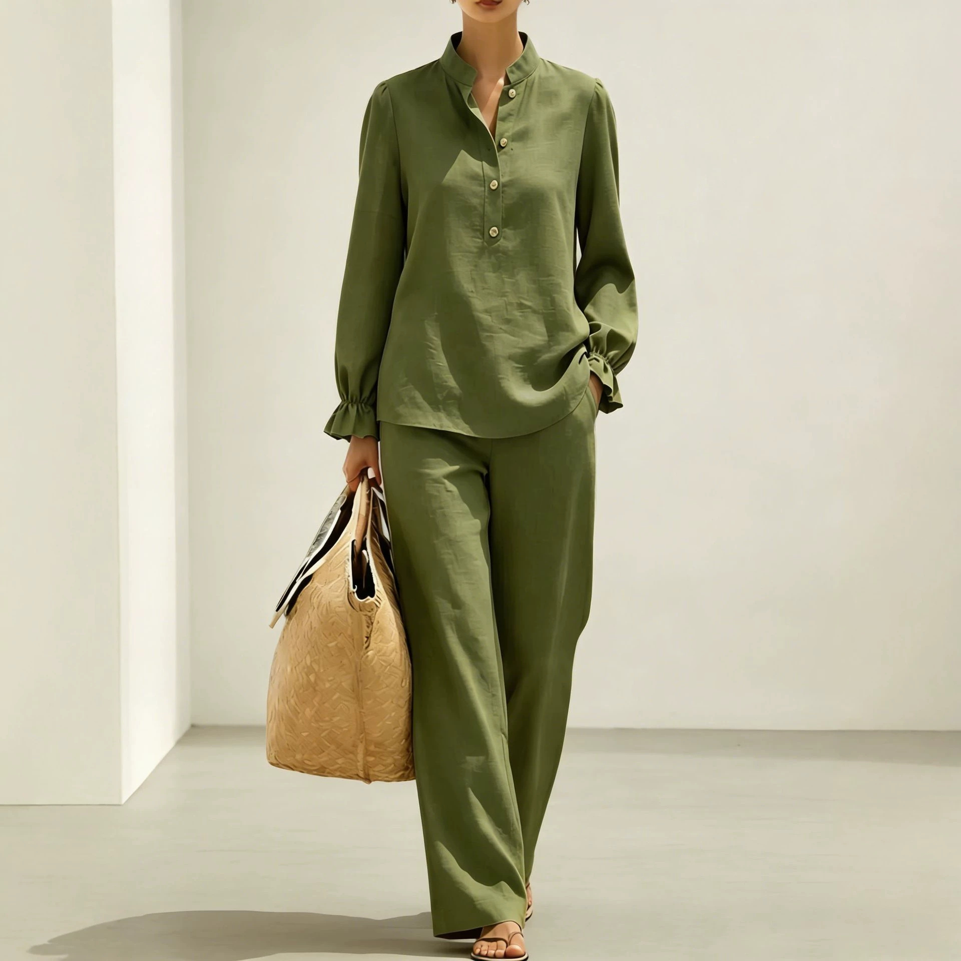 New Womens Mandarin-collar Ruffled Puff-sleeve Wide-leg Long-pants Set