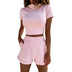 Spring New Women's Clothing Fashion Suit Two-piece Short Sleeve High Waist Cropped Shorts - Pink - View 1