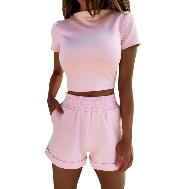 Spring New Women's Clothing Fashion Suit Two piece Short Sleeve High Waist Cropped Shorts Pink - Shop at LoveMi