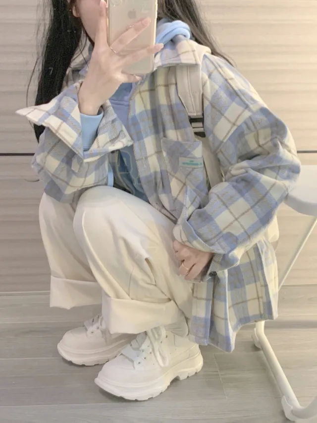 Female College Style Lazy Brushed Plaid Shirt Blue - Shop at LoveMi
