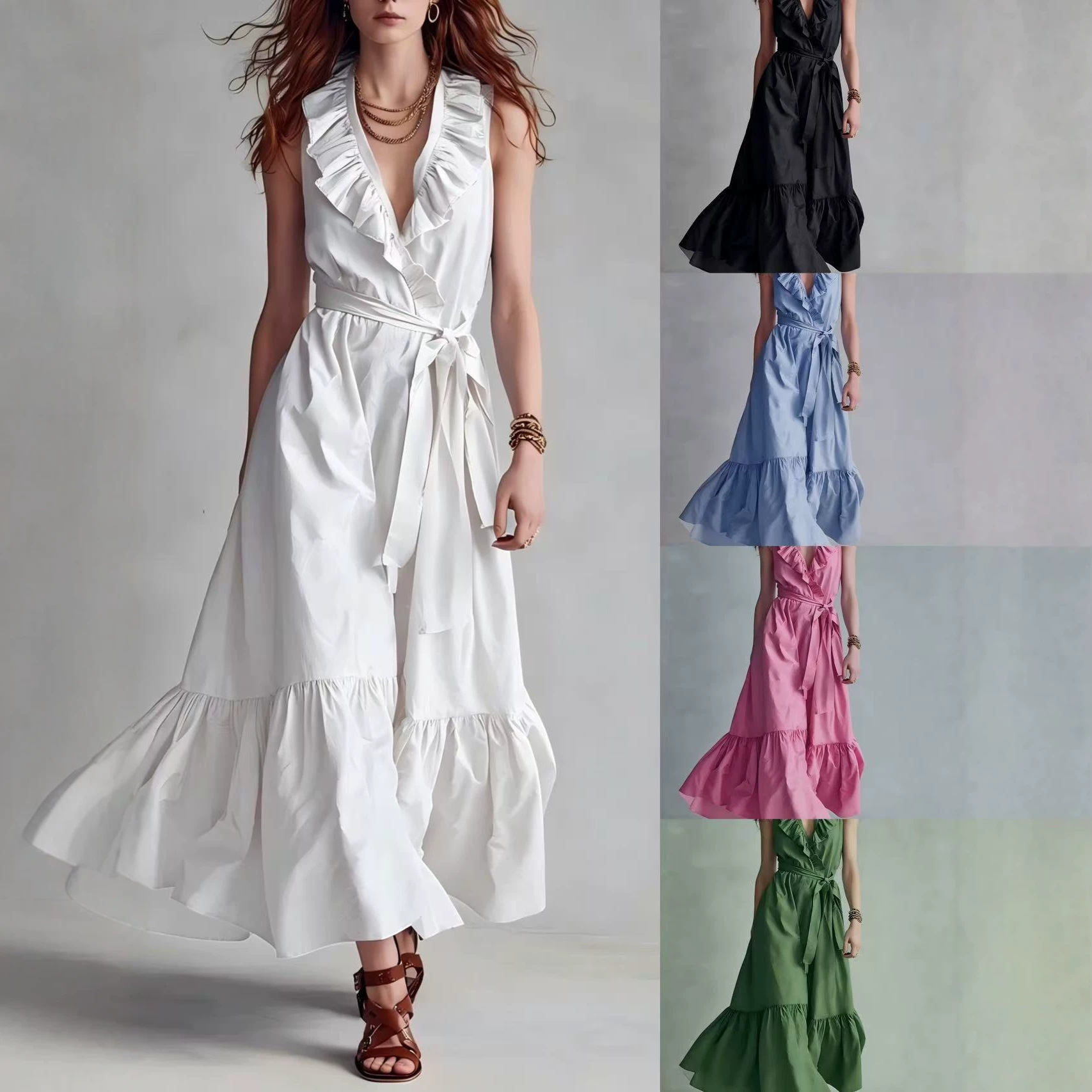 Womens Fashion Solid-Color V-Neck Sleeveless Lace-Up Patchwork Dress