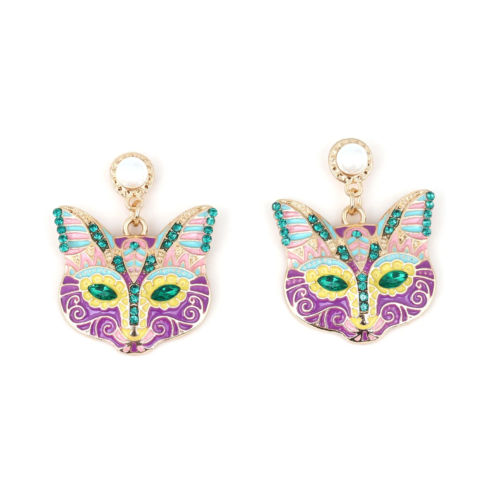 Cartoon Nine-Tailed Cat Face Alloy Earrings Inlaid With Colorful Diamonds
