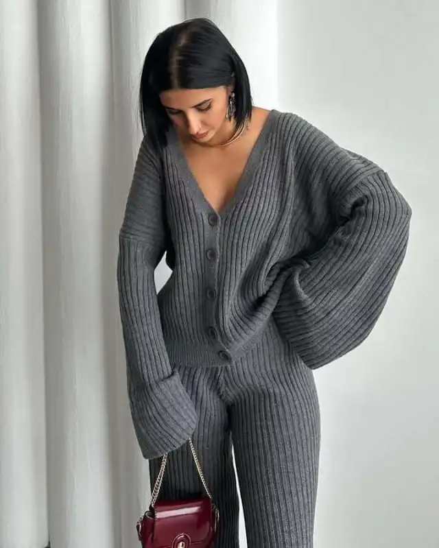 Casual Women's Solid Color Long Sleeve Button Cardigan Sweater Pants Set Dark Gray - Shop at LoveMi