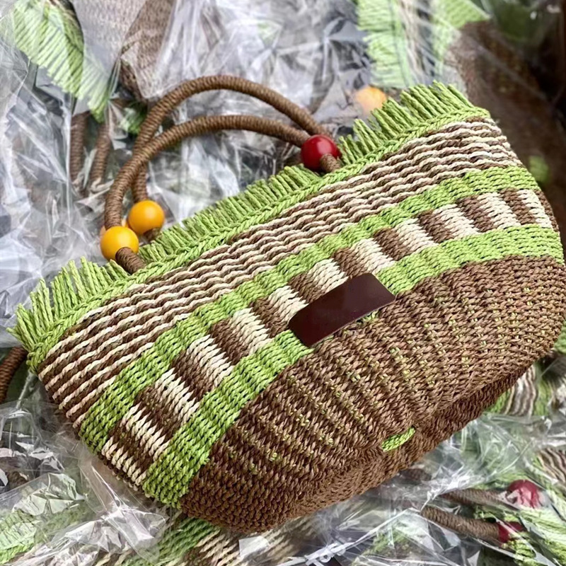 Picnic Basket Tassel Wooden Bead Decorative Cute Handbag Hand Woven