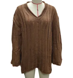V-neck Long Sleeve Vertical Stripes Hollow Loose Fashion Sweater - Brown - View 1