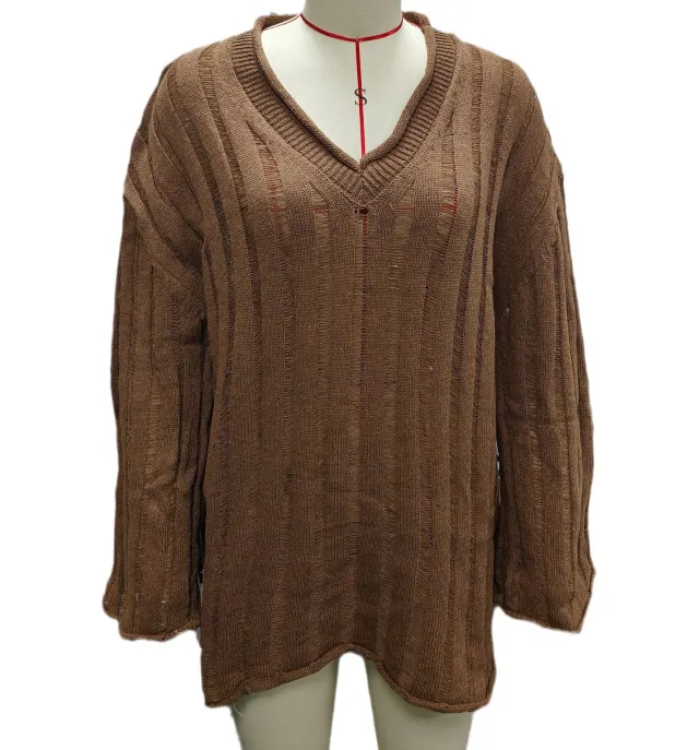 V neck Long Sleeve Vertical Stripes Hollow Loose Fashion Sweater Brown - Shop at LoveMi