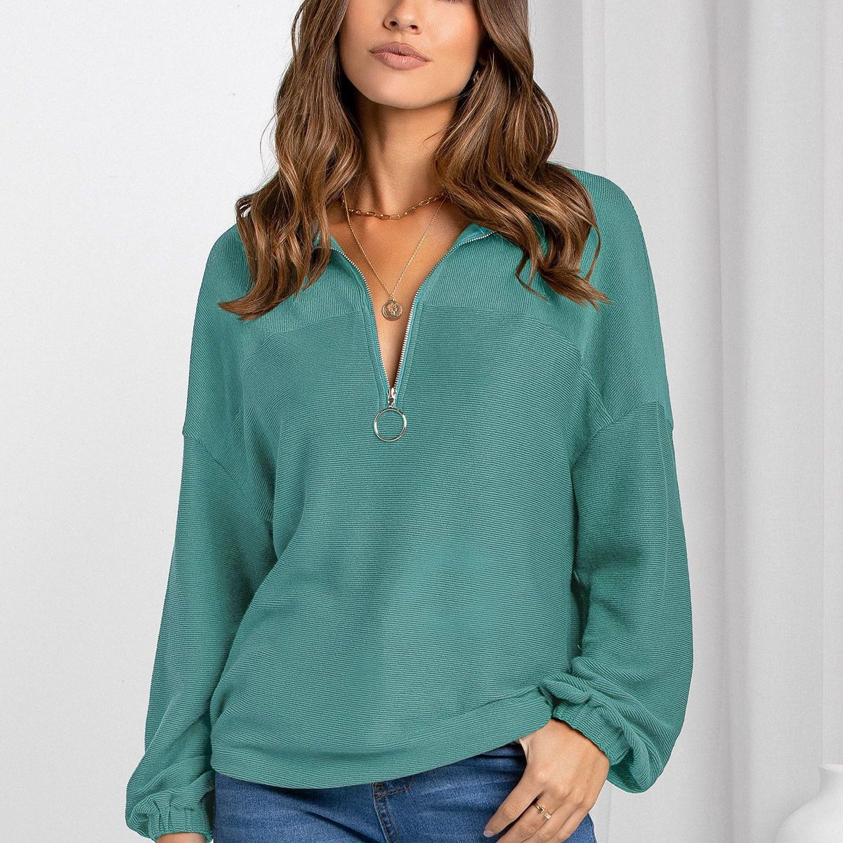 Loose Fit V-Neck Pullover Sweatshirt for Women - Solid Color Loose Fit V-Neck Pullover Sweatshirt for Women - Solid Color
