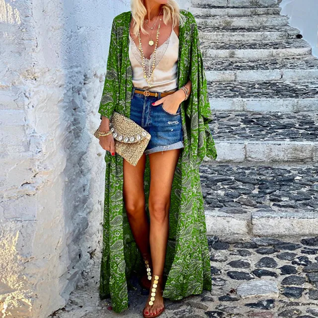Women's Printed Loose Long Sleeves Mid length Coat Green - Shop at LoveMi
