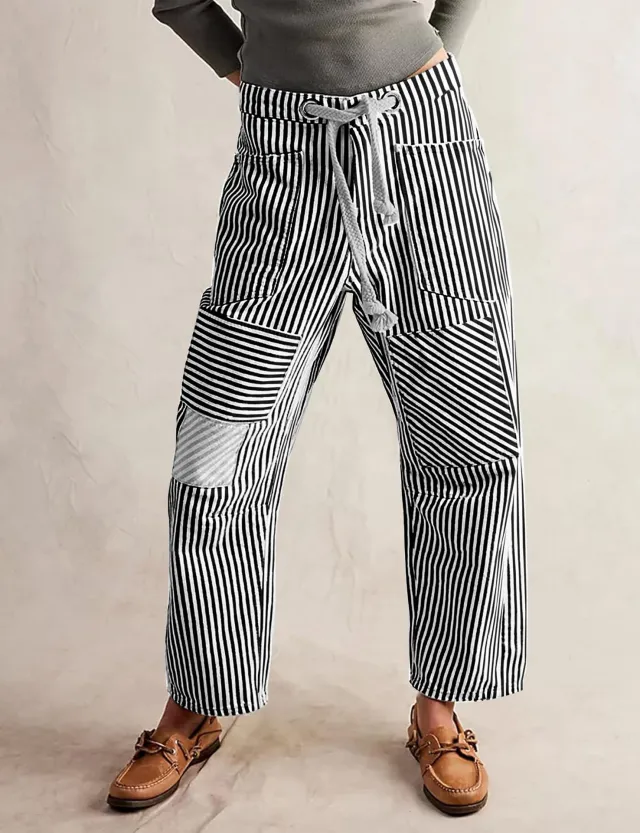 Fashion Commuter Casual Loose Wide Leg Striped Stitching Drawstring Pocket Trousers Black - Shop at LoveMi