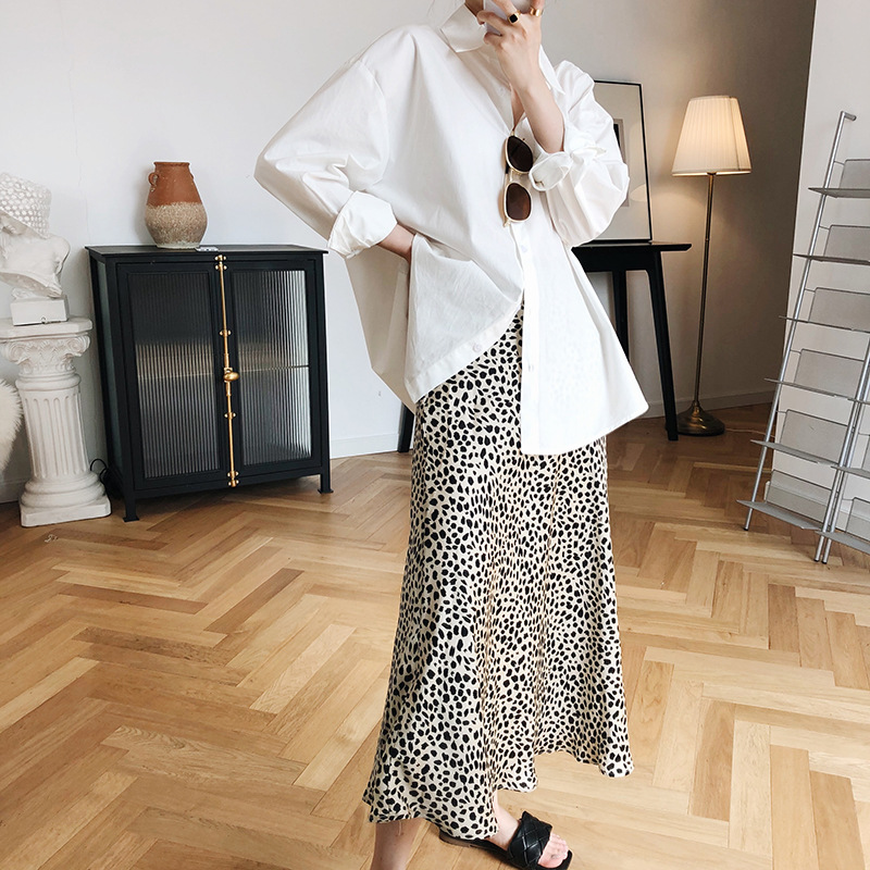 Lightly Mature Satin Leopard Print Skirt High Waist