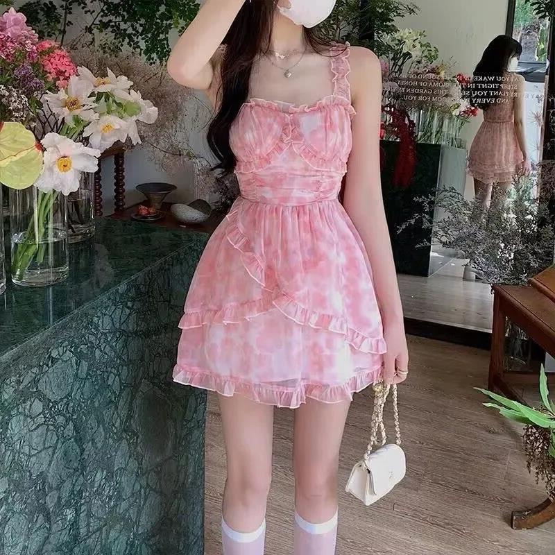 Super Fairy Seaside Holiday Nipped Waist High A- Line Floral Chiffon Sling Dress