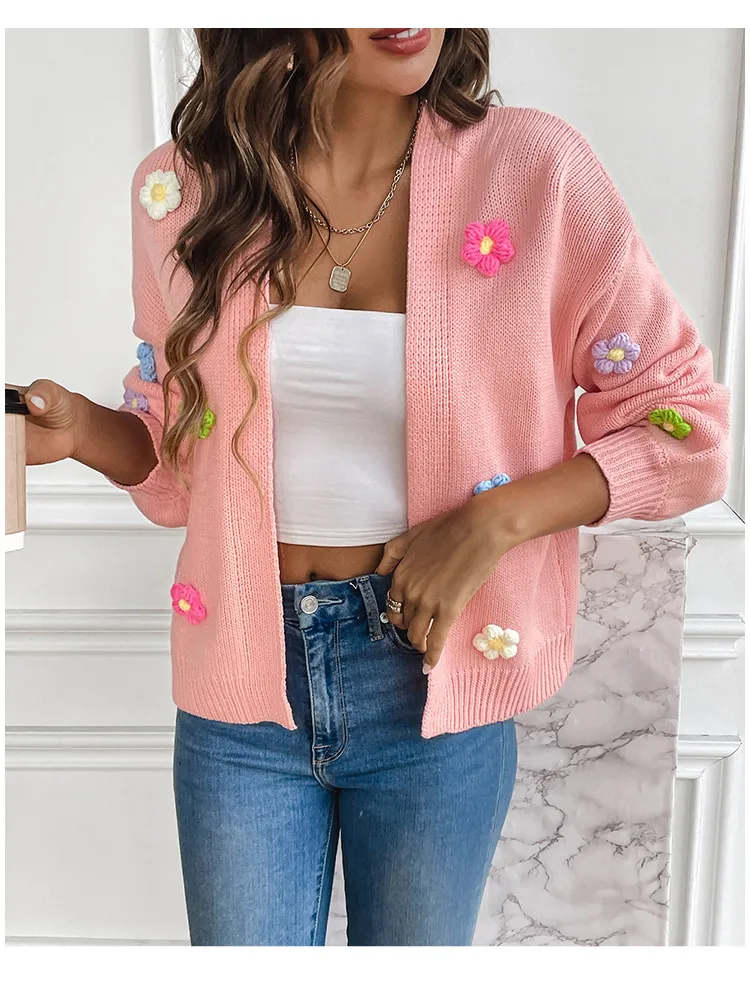 Flower Sweet Knitted Cardigan Sweater Coat For Women - Pink
