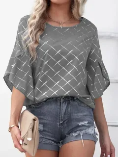 Loose Casual Ruffle Sleeve Top T-shirt - Grey - View 1