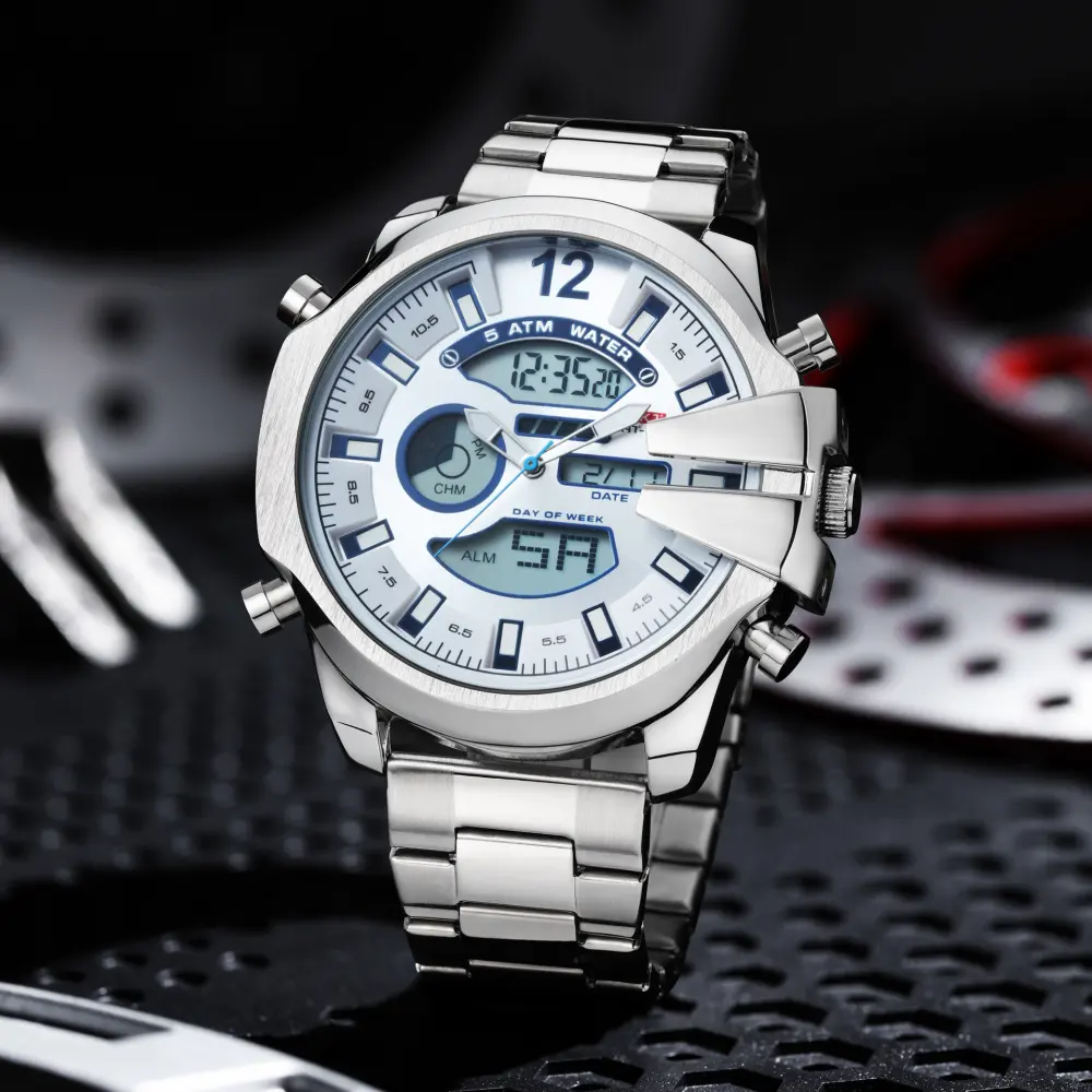 New Men's Double Display Alarm Clock Led Sports Steel