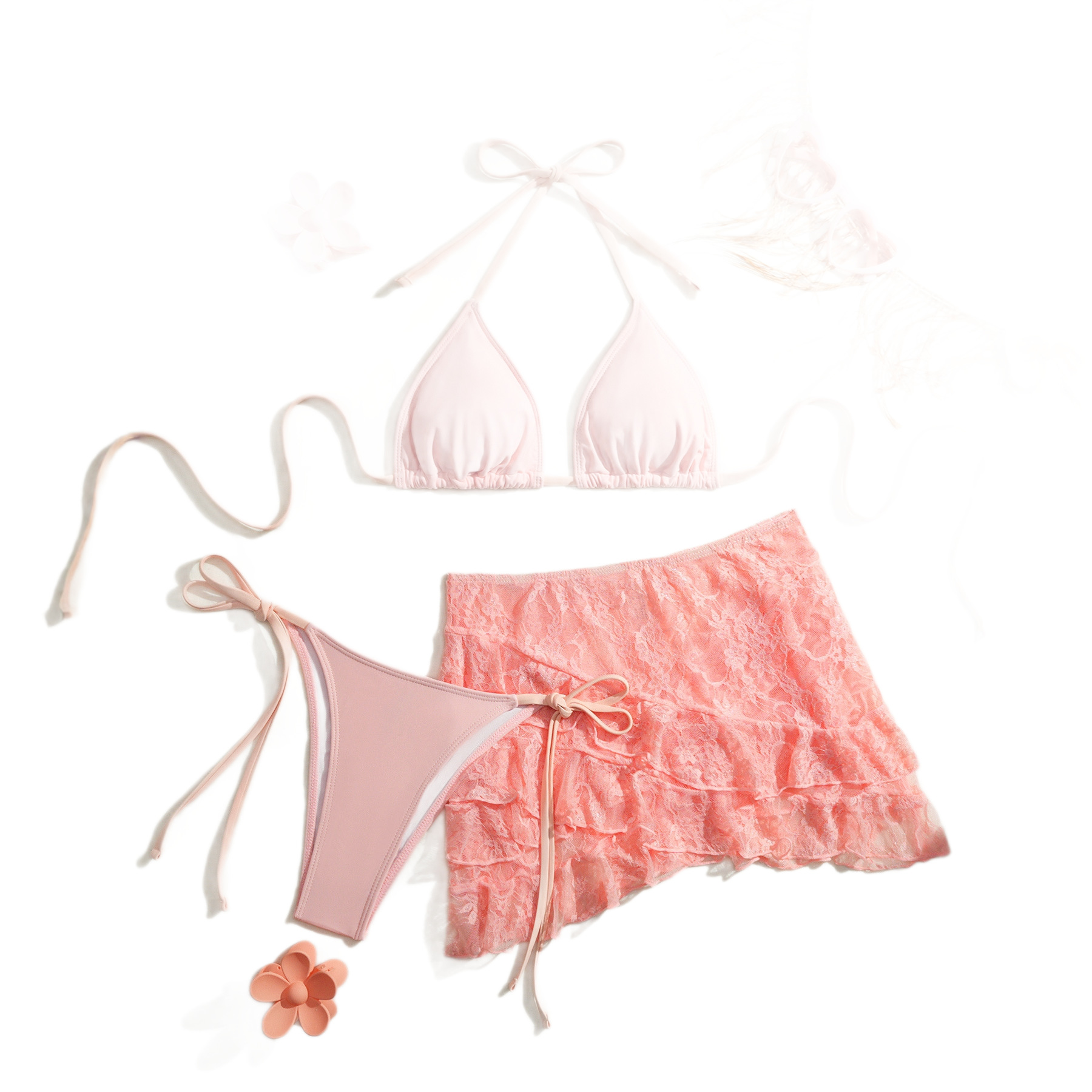 New Lace Gauze Skirt Cover-Up Halter-Neck Tie-Strap Three-Piece Bikini Set